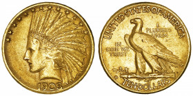 USA
République fédérale des États-Unis d’Amérique (1776-à nos jours). 10 dollars Indien 1908, D, Denver.
Fr.168 ; Or - 16,64 g - 27 mm - 6 h 
TTB....