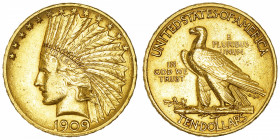 USA
République fédérale des États-Unis d’Amérique (1776-à nos jours). 10 dollars Indien 1909, Philadelphie.
Fr.166 ; Or - 16,69 g - 27 mm - 6 h 
Ne...