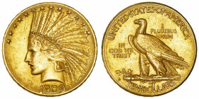 USA
République fédérale des États-Unis d’Amérique (1776-à nos jours). 10 dollars Indien 1909, D, Denver.
Fr.168 ; Or - 16,70 g - 27 mm - 6 h 
TTB....