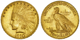 USA
République fédérale des États-Unis d’Amérique (1776-à nos jours). 10 dollars Indien 1910, Philadelphie.
Fr.166 ; Or - 16,70 g - 27 mm - 6 h 
Su...