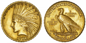 USA
République fédérale des États-Unis d’Amérique (1776-à nos jours). 10 dollars Indien 1910, D, Denver.
Fr.168 ; Or - 16,70 g - 27 mm - 6 h 
Netto...