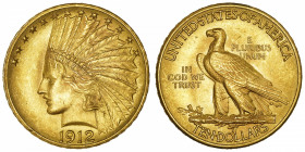 USA
République fédérale des États-Unis d’Amérique (1776-à nos jours). 10 dollars Indien 1912, Philadelphie.
Fr.166 ; Or - 16,73 g - 27 mm - 6 h 
Su...