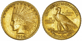 USA
République fédérale des États-Unis d’Amérique (1776-à nos jours). 10 dollars Indien 1914, D, Denver.
Fr.168 ; Or - 16,70 g - 27 mm - 6 h 
Super...