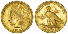 USA
République fédérale des États-Unis d’Amérique (1776-à nos jours). 10 dollars Indien 1915, Philadelphie.
Fr.166 ; Or - 16,72 g - 27 mm - 6 h 
Su...