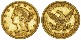 USA
République fédérale des États-Unis d’Amérique (1776-à nos jours). 5 dollars Liberty 1854, Philadelphie.
Fr.138 ; Or - 8,33 g - 21,6 mm - 6 h 
T...