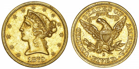 USA
République fédérale des États-Unis d’Amérique (1776-à nos jours). 5 dollars Liberty 1879, S, San Francisco.
Fr.145 ; Or - 8,30 g - 21,6 mm - 6 h...