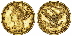 USA
République fédérale des États-Unis d’Amérique (1776-à nos jours). 5 dollars Liberty 1881, Philadelphie.
Fr.143 ; Or - 8,33 g - 21,6 mm - 6 h 
B...