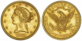 USA
République fédérale des États-Unis d’Amérique (1776-à nos jours). 5 dollars Liberty 1881, S, San Francisco.
Fr.145 ; Or - 8,34 g - 21,6 mm - 6 h...