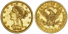 USA
République fédérale des États-Unis d’Amérique (1776-à nos jours). 5 dollars Liberty 1882, S, San Francisco.
Fr.145 ; Or - 8,31 g - 21,6 mm - 6 h...