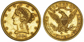 USA
République fédérale des États-Unis d’Amérique (1776-à nos jours). 5 dollars Liberty 1884, S, San Francisco.
Fr.145 ; Or - 8,35 g - 21,6 mm - 6 h...
