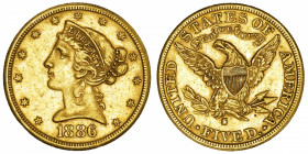 USA
République fédérale des États-Unis d’Amérique (1776-à nos jours). 5 dollars Liberty 1886, S, San Francisco.
Fr.145 ; Or - 8,33 g - 21,6 mm - 6 h...