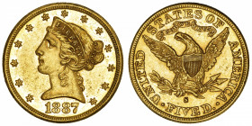 USA
République fédérale des États-Unis d’Amérique (1776-à nos jours). 5 dollars Liberty 1887, S, San Francisco.
Fr.145 ; Or - 8,34 g - 21,6 mm - 6 h...