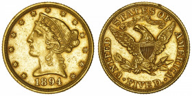 USA
République fédérale des États-Unis d’Amérique (1776-à nos jours). 5 dollars Liberty 1894, Philadelphie.
Fr.143 ; Or - 8,30 g - 21,6 mm - 6 h 
L...