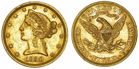 USA
République fédérale des États-Unis d’Amérique (1776-à nos jours). 5 dollars Liberty 1898, Philadelphie.
Fr.143 ; Or - 8,33 g - 21,6 mm - 6 h 
L...