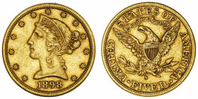 USA
République fédérale des États-Unis d’Amérique (1776-à nos jours). 5 dollars Liberty 1898, S, San Francisco.
Fr.145 ; Or - 8,29 g - 21,6 mm - 6 h...