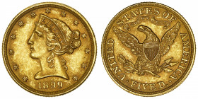 USA
République fédérale des États-Unis d’Amérique (1776-à nos jours). 5 dollars Liberty 1899, Philadelphie.
Fr.143 ; Or - 8,33 g - 21,6 mm - 6 h 
S...