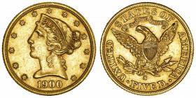 USA
République fédérale des États-Unis d’Amérique (1776-à nos jours). 5 dollars Liberty 1900, S, San Francisco.
Fr.145 ; Or - 8,33 g - 21,6 mm - 6 h...
