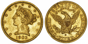 USA
République fédérale des États-Unis d’Amérique (1776-à nos jours). 5 dollars Liberty 1903, S, San Francisco.
Fr.145 ; Or - 8,33 g - 21,6 mm - 6 h...