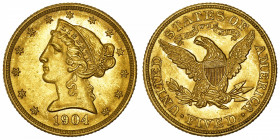 USA
République fédérale des États-Unis d’Amérique (1776-à nos jours). 5 dollars Liberty 1904, Philadelphie.
Fr.143 ; Or - 8,33 g - 21,6 mm - 6 h 
S...