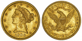 USA
République fédérale des États-Unis d’Amérique (1776-à nos jours). 5 dollars Liberty 1906, Philadelphie.
Fr.143 ; Or - 8,33 g - 21,6 mm - 6 h 
F...
