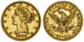 USA
République fédérale des États-Unis d’Amérique (1776-à nos jours). 5 dollars Liberty 1906, S, San Francisco.
Fr.145 ; Or - 8,33 g - 21,6 mm - 6 h...