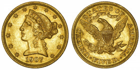 USA
République fédérale des États-Unis d’Amérique (1776-à nos jours). 5 dollars Liberty 1907, Philadelphie.
Fr.143 ; Or - 8,33 g - 21,6 mm - 6 h 
F...