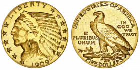 USA
République fédérale des États-Unis d’Amérique (1776-à nos jours). 5 dollars Indien 1909, Philadelphie.
Fr.148 ; Or - 8,25 g - 21,6 mm - 6 h 
TB...