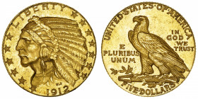 USA
République fédérale des États-Unis d’Amérique (1776-à nos jours). 5 dollars Indien 1912, Philadelphie.
Fr.148 ; Or - 8,33 g - 21,6 mm - 6 h 
TT...