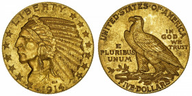 USA
République fédérale des États-Unis d’Amérique (1776-à nos jours). 5 dollars Indien 1914, Philadelphie.
Fr.148 ; Or - 8,33 g - 21,6 mm - 6 h 
TT...