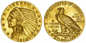 USA
République fédérale des États-Unis d’Amérique (1776-à nos jours). 2,5 dollars Indien 1910, Philadelphie.
Fr.120 ; Or - 4,16 g - 18 mm - 6 h 
TT...