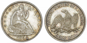 USA
République fédérale des États-Unis d’Amérique (1776-à nos jours). Half dollar 1858, Philadelphie.
KM.A68 ; Argent - 12,44 g - 30 mm - 6 h 
Très...