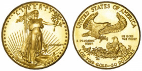 USA
République fédérale des États-Unis d’Amérique (1776-à nos jours). 50 dollars Liberty 1986, Philadelphie.
Fr.B1 ; Or - 34,17 g - 32 mm - 6 h 
Fl...