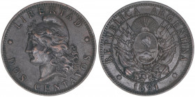 Republik
Argentinien. Dos Centavos, 1891. 9,87g
Kahnt/Schön 25
ss+