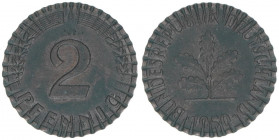 Bundesrepublik
Deutschland. 2 Pfennige, 1950. entwertet zur Kupfergewinnung vorbereitet
3,23g
ss+