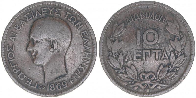 Georg I. 1863-1913
Griechenland. 10 Lepta, 1869. 9,38g
KM#43
ss-