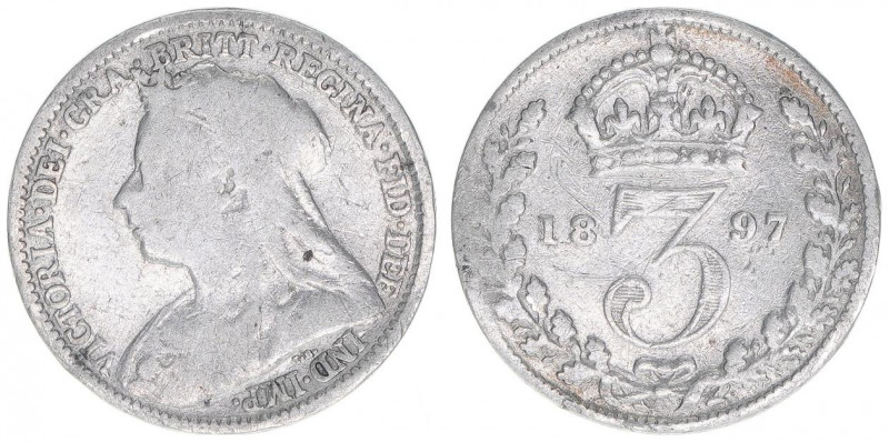 Victoria
Großbritannien. 3 Pence, 1897. 1,33g
Schön 140
ss-
