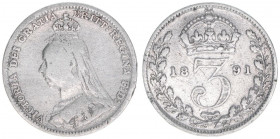 Victoria
Großbritannien. 3 Pence, 1891. 1,35g
Schön 123
ss