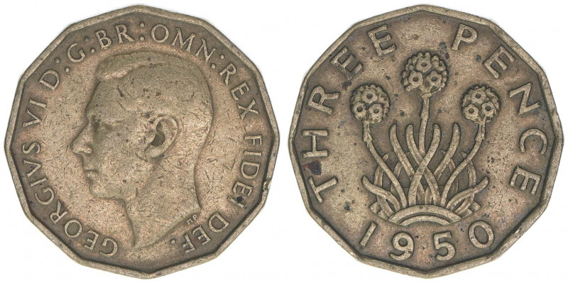 Georg VI.
Großbritannien. 3 Pence, 1950. 6,67g
Schön 356
ss