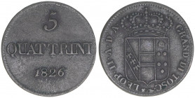 Leopold II. von Habsburg-Lothringen 1824-1859
Italien - Großherzogtum Toskana. 5 Quattrini, 1826. selten - Kupfer
4,09g
Kahnt/Schön 25
ss