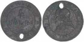 Papst Pius IX.
Italien Kirchenstaat. 4 Soldi, 1868. 19,39g
gelocht
ss