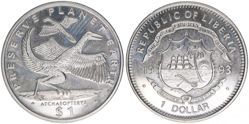 Republik seit 1847 - Pfefferküste
Liberia. 1 Dollar, 1993. Reptilien der Urzeit ...