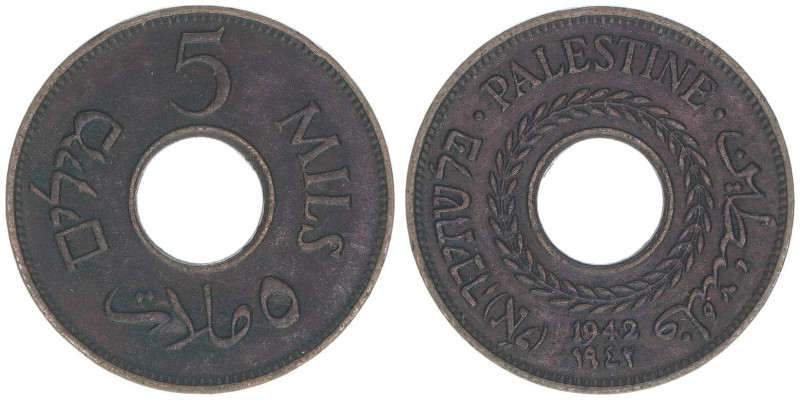 5 Mils, 1942
Palästina. Bronze. 2,93g
Schön 3a
vz+