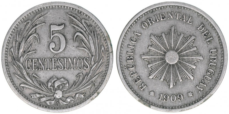 Banda Oriental
Uruguay. 5 Centesimos, 1909. 5,01g
Schön 3
ss/vz