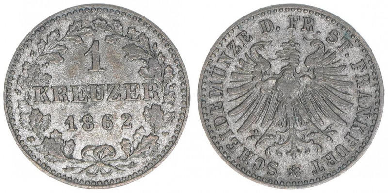 Stadtprägung
Frankfurt. 1 Kreuzer, 1862. Variante mit herzförmigem Leib
0,79g
AK...