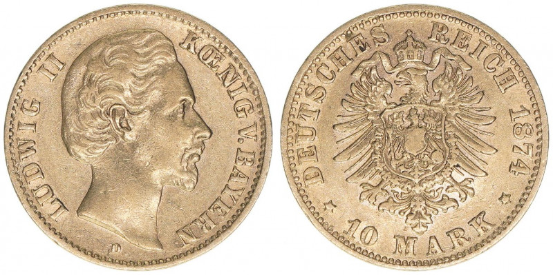 Ludwig II. 1864-1886
Preussen. 10 Mark, 1874 D. Gold
3,90g
AKS 192
ss