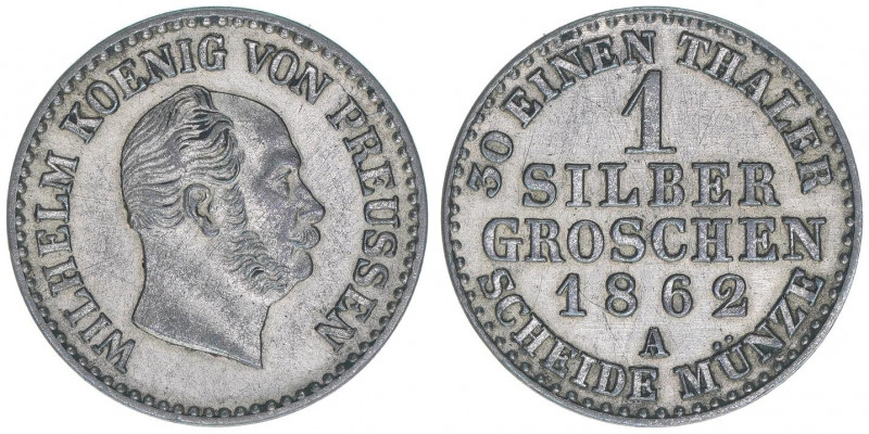 Wilhelm I. 1861-1888
Preussen. 1 Silbergroschen, 1862 A. 2,17g
AKS 103
vz