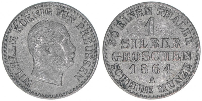 Wilhelm I. 1861-1888
Preussen. 1 Silbergroschen, 1864 A. 2,00g
AKS 103
ss+