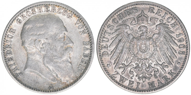 Großherzog Friedrich 1856-1907
Baden. 2 Mark, 1905 G. 11,04g
AKS 155
ss
