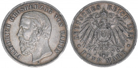 Friedrich Grossherzog von Baden
Baden. 5 Mark, 1899 G. 27,66g
J 29
Rf.
ss/vz