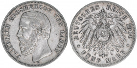Friedrich Grossherzog von Baden
Baden. 5 Mark, 1900 G. 27,71g
J 29
Rf.
ss/vz